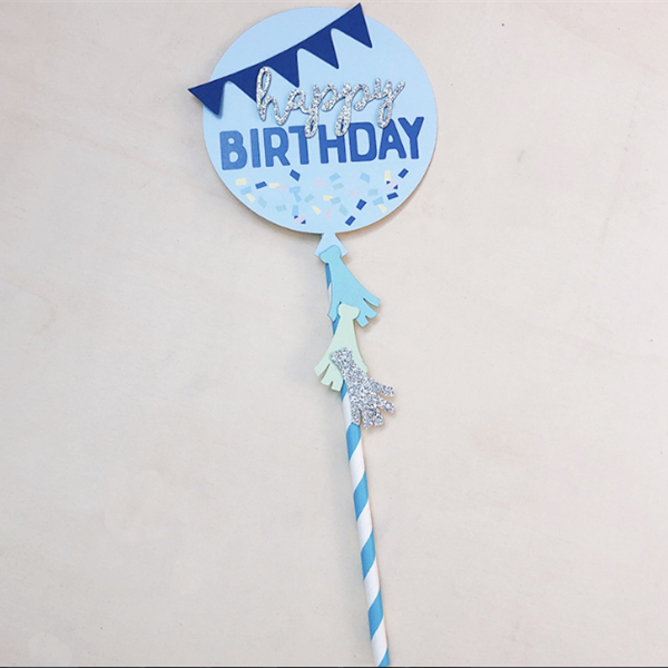 Que cắm happy birthday tròn màu xanh-a