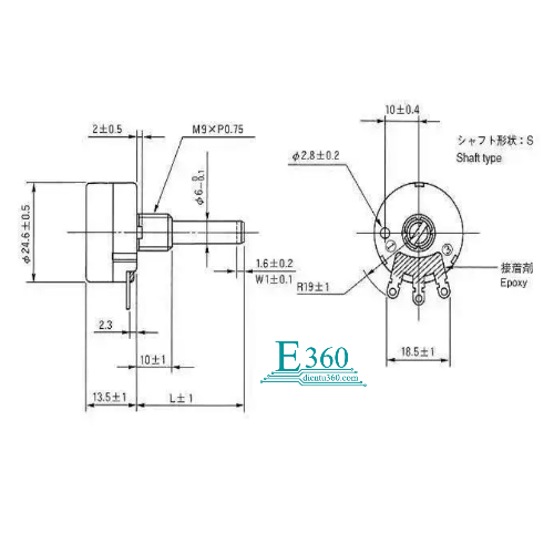 Biến trở đơn Tokyo tocos RV24YN20S B103 100K bao gồm núm vạch chia độ