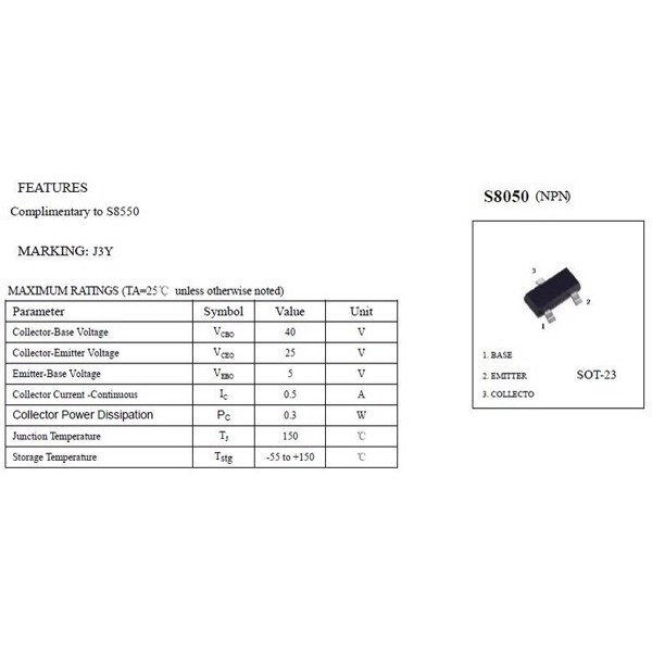 TRANSISTOR S8050 SOT23 0.5A 40V J3Y (10PCS)