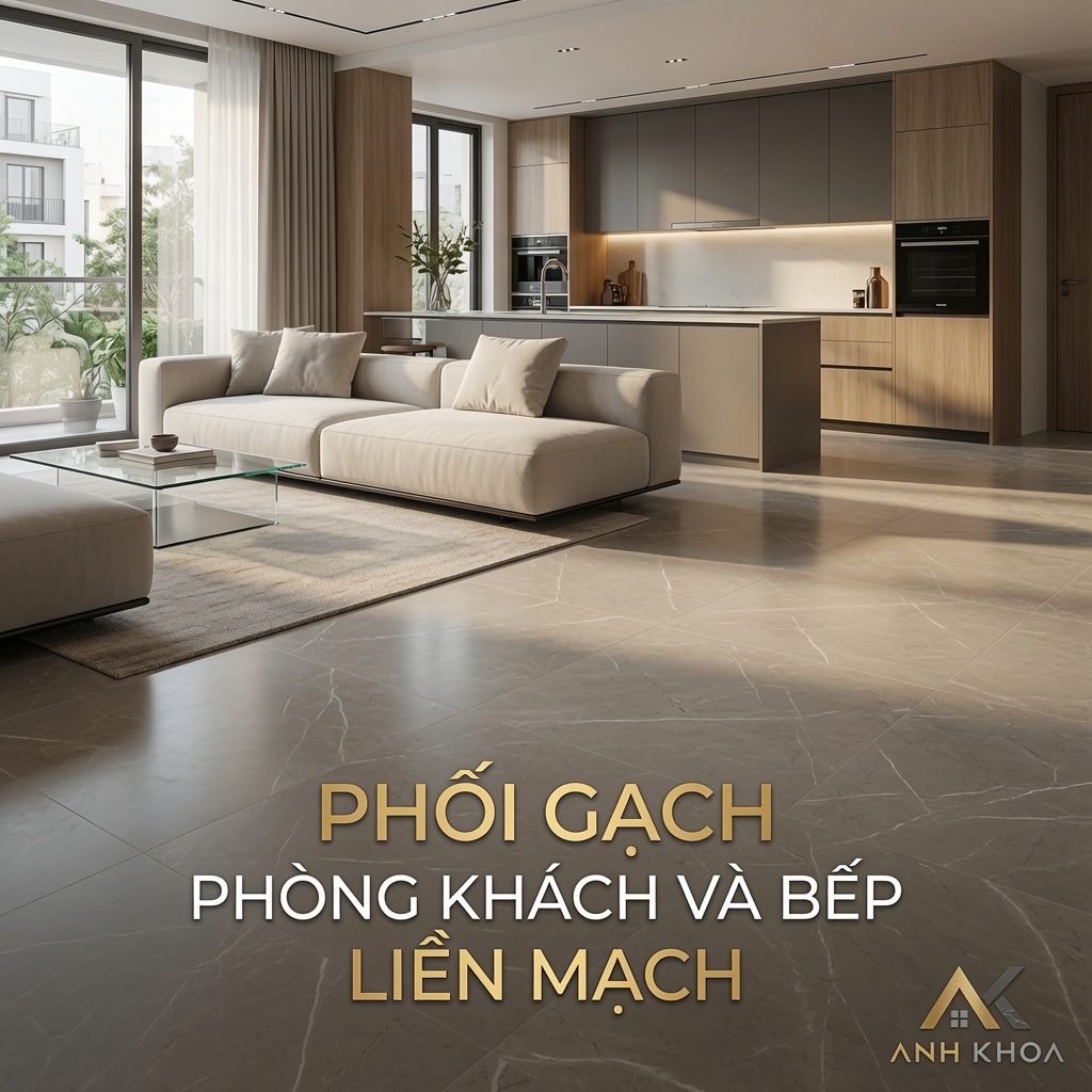 Phối Gạch Phòng Khách Và Bếp Sao Cho Liền Mạch Và Sang Trọng