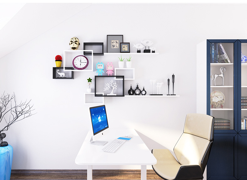 Floating shelves in office