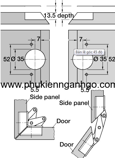 Thông số kĩ thuật khi lắp bản lề góc