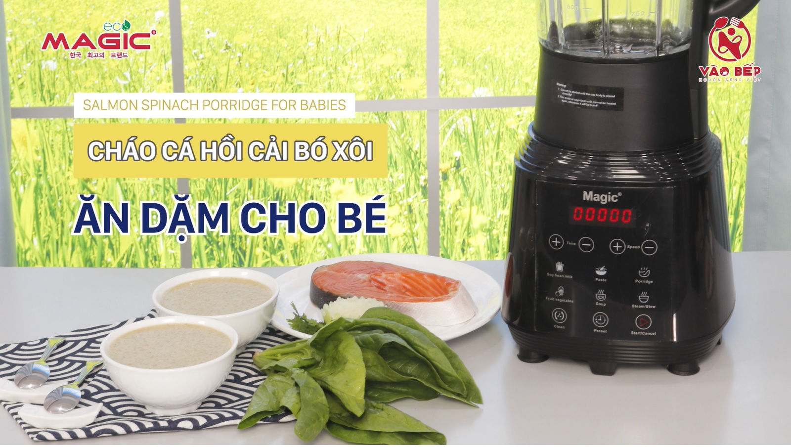 Cháo cá hồi cải bó xôi dinh dưỡng cho bé ăn dặm - Máy làm sữa hạt đa năng Magic Korea A-96