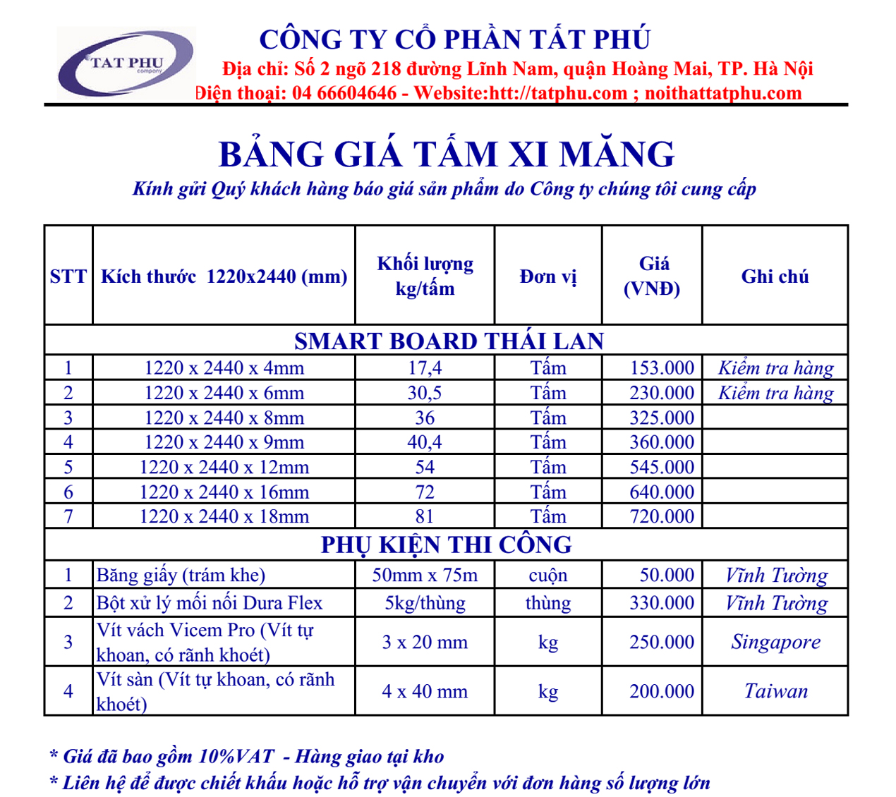 báo giá tấm xi măng smartboard