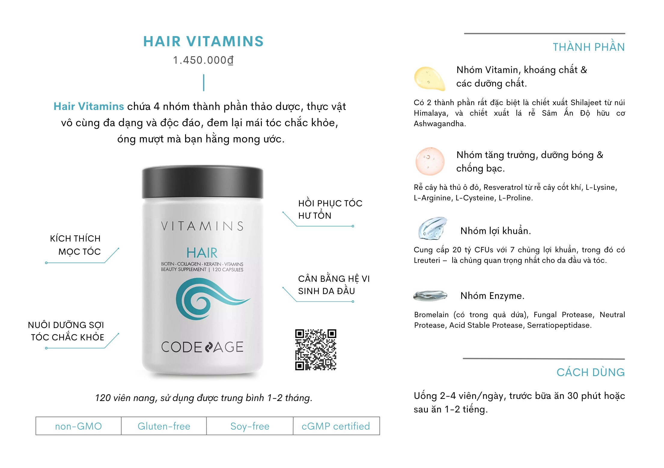 Viên uống mọc tóc CodeAge Hair Vitamins, 120 Capsules Viên uống mọc tóc CodeAge Hair Vitamins, 120 Capsules