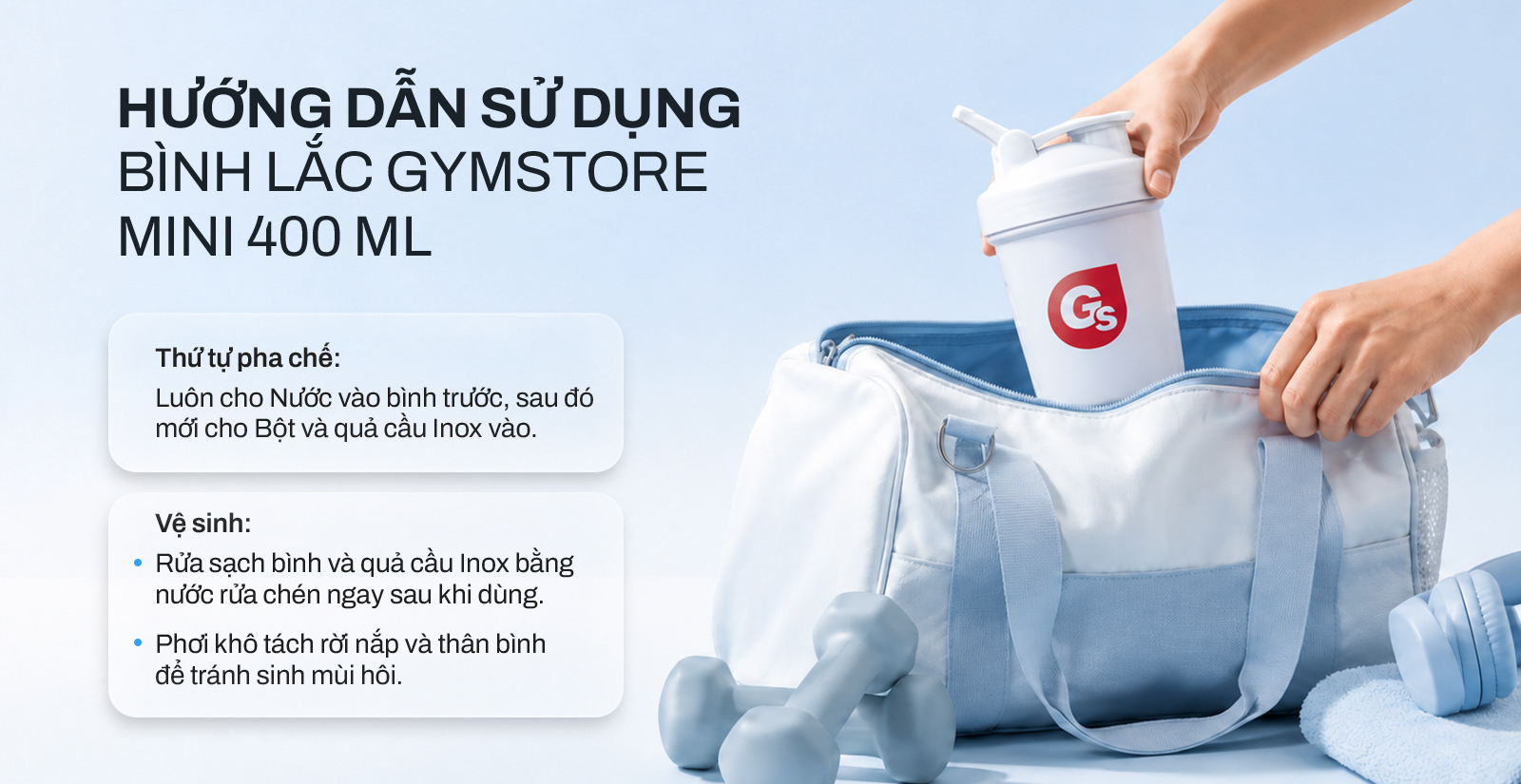 Bình lắc Gymstore Mini 400ml Cách Dùng