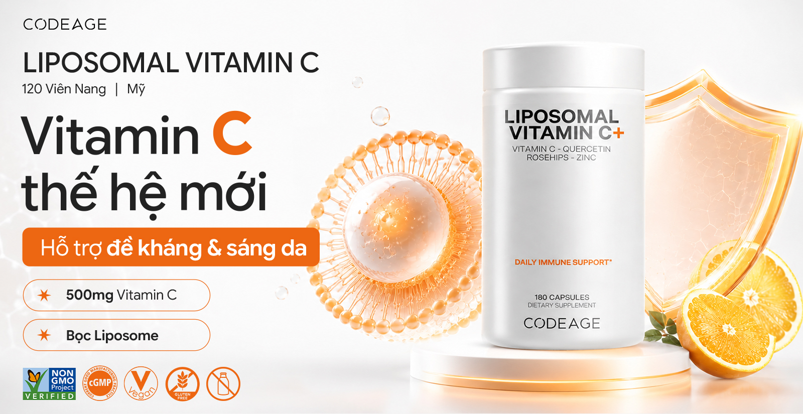 CodeAge Liposomal Vitamin C, 180 Capsules hỗ trợ sáng da, sức khoẻ toàn diện