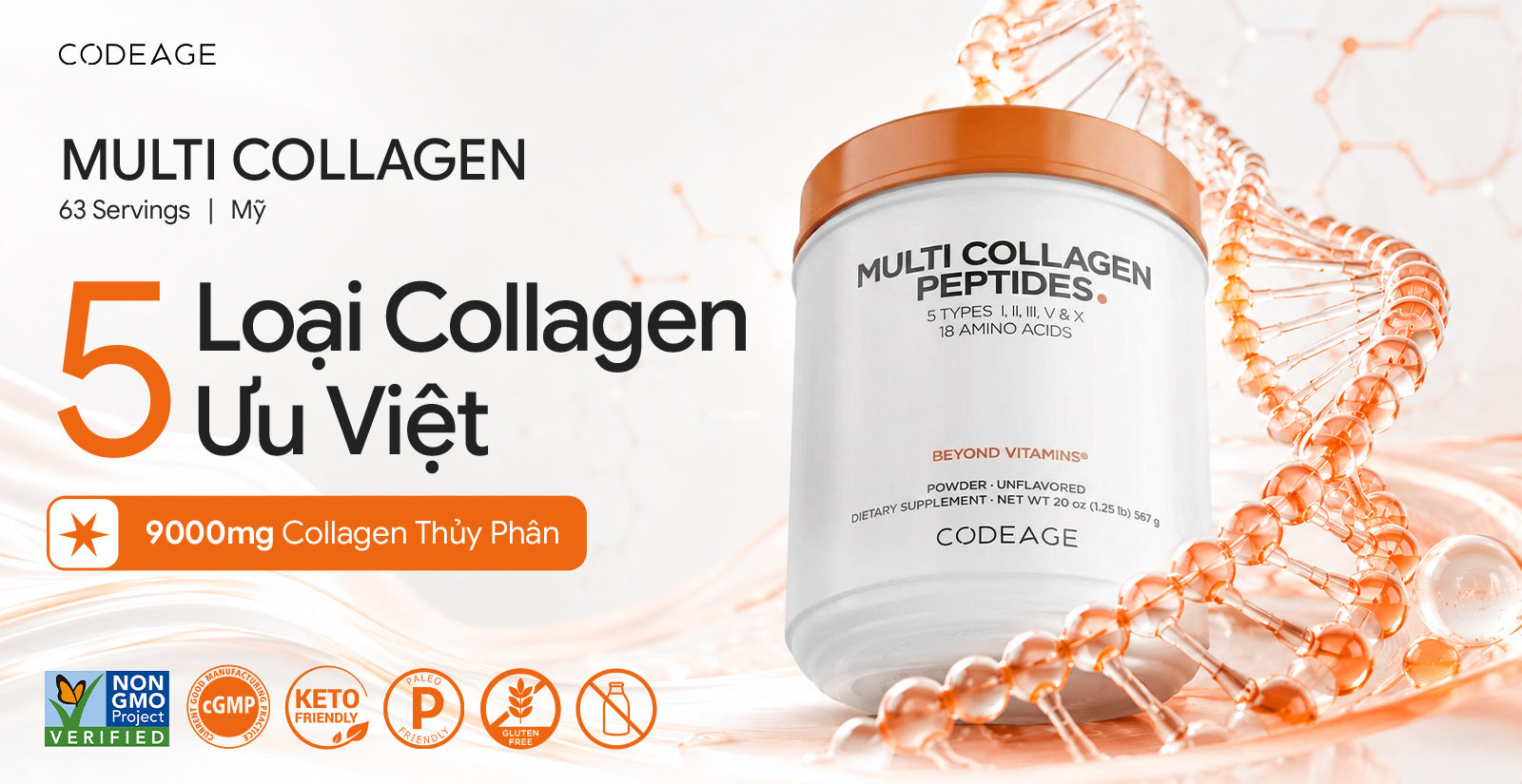CodeAge Hydrolyzed Multi Collagen Peptides duy trì độ đàn hồi của da, hỗ trợ sức khỏe xương khớp, giúp tóc móng chắc khỏe
