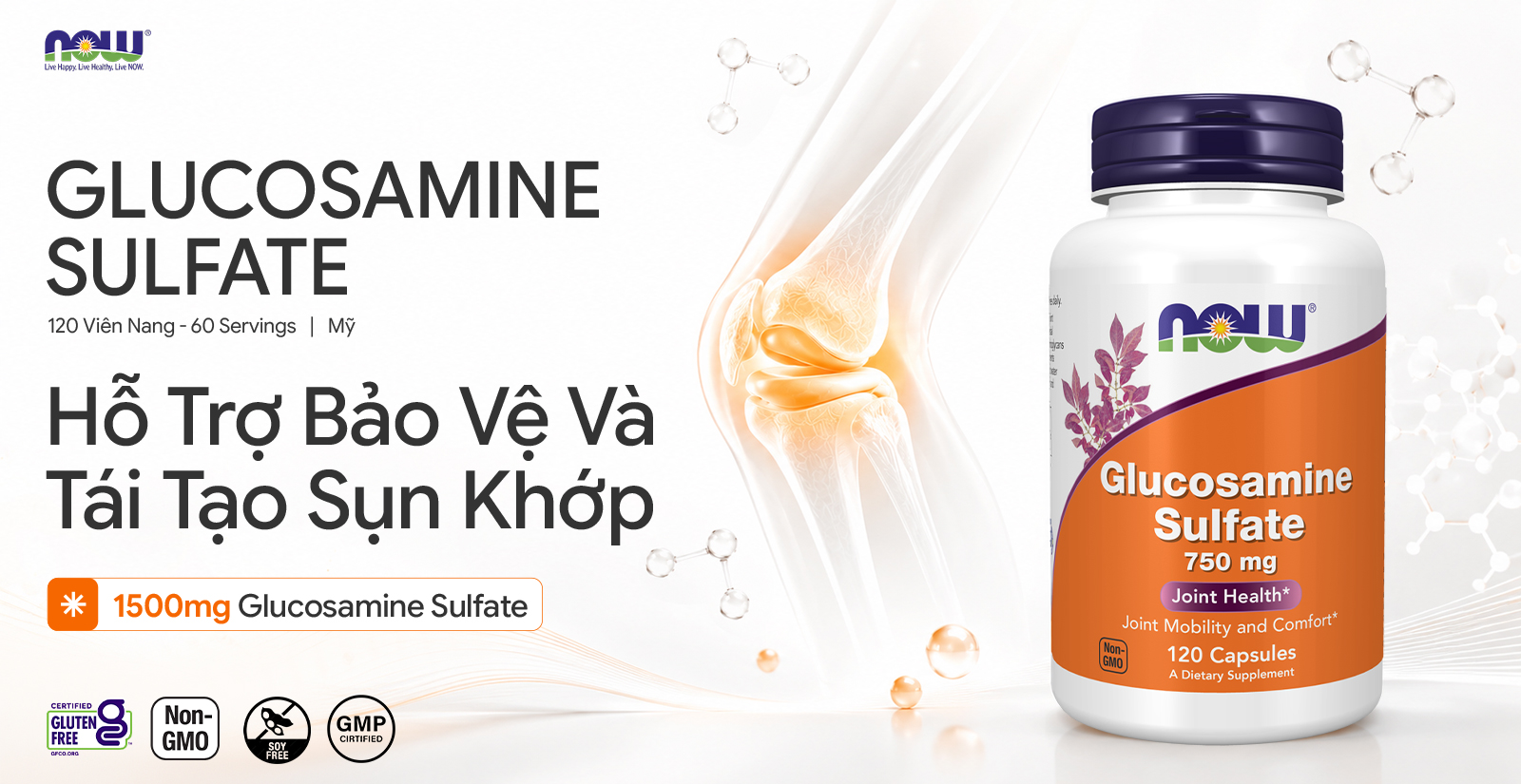 NOW Glucosamine Sulfate 750 mg hỗ trợ xương khớp chắc khoẻ