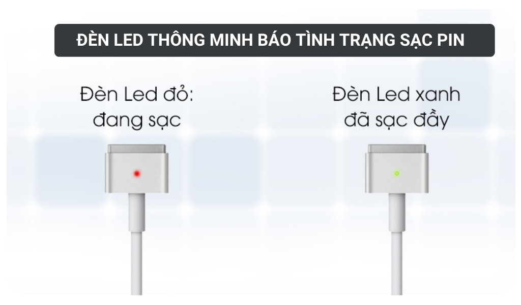 Đèn LED trạng thái sạc trên đầu nối MagSafe 2 của sạc MacBook Pro 85W từ Maczin, hiển thị màu đỏ khi sạc và xanh lá khi đầy