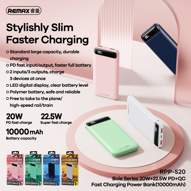 Pin dự phòng sạc nhanh Remax RPP-520 dung lượng 10000mAh QC 22.5W và PD 20W  - tích hợp 2 input 3 output (màu ngẫu nhiên) Nhất Tín Computer