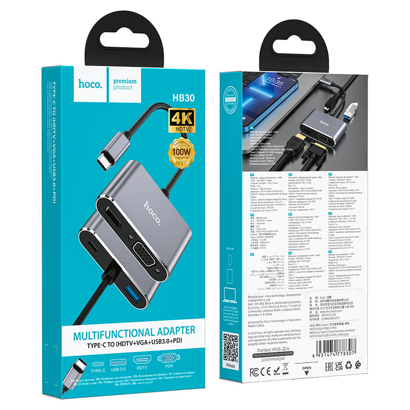 Bộ chuyển đổi Hoco HB30 Eco Type-C sang HDMI + VGA + USB3.0 + PD 100W ...