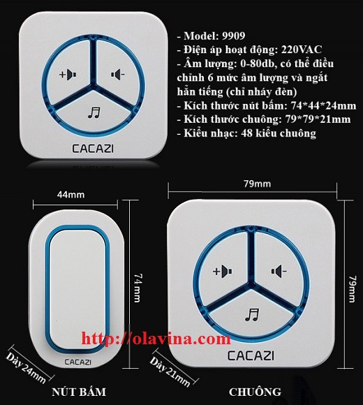 Chuông cửa không dây chống nước cao cấp CACAZI 9909