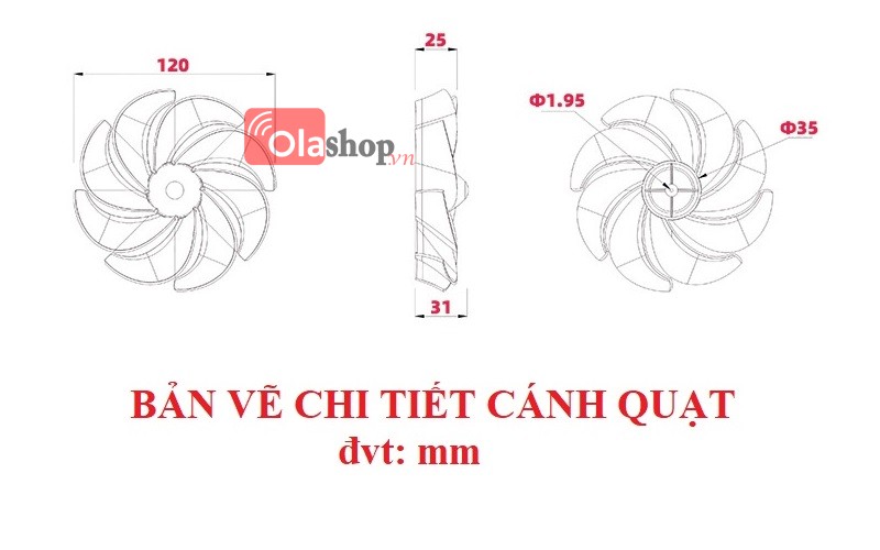 Cánh quạt mini 8 cánh đường kính 120mm trục 2mm