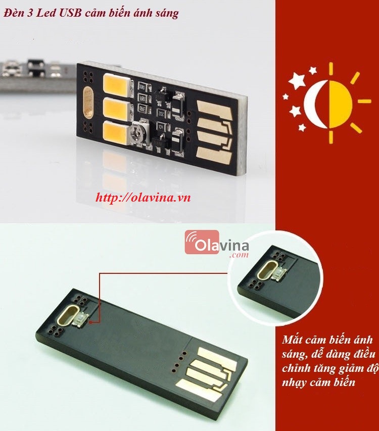 Đèn 3 Led USB cảm biến ánh sáng