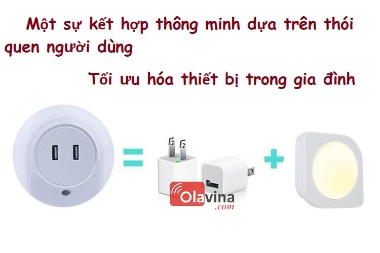 Đèn ngủ cảm biến ánh sáng 2 cổng sạc USB