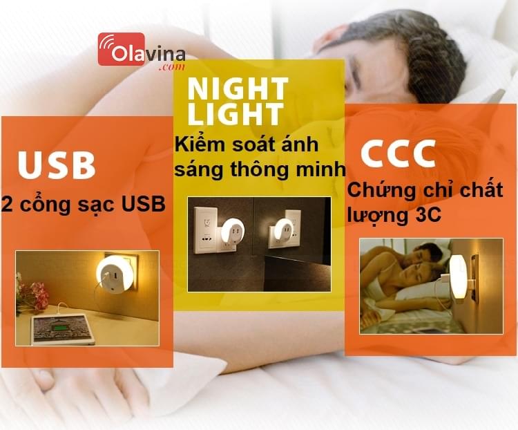 Đèn ngủ cảm biến ánh sáng 2 cổng sạc USB