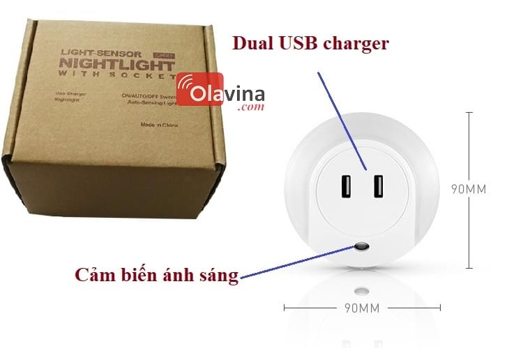 Đèn ngủ cảm biến ánh sáng 2 cổng sạc USB