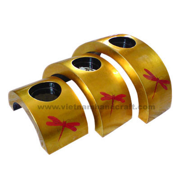 Set of 3 handcrafted gold silver & black lacquered wooden tealight candle holders with handpainted red dragonfly Set of 3 handcrafted gold silver & black lacquered wooden tealight candle holders with handpainted red dragonfly