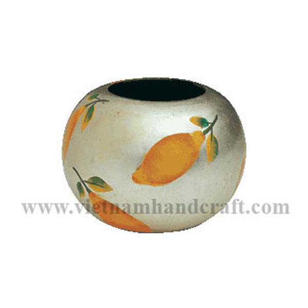 White silver leaf lacquered vase with hand-painted lemons White silver leaf lacquered vase with hand-painted lemons