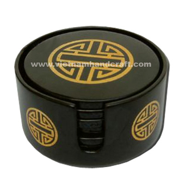Set of 6 black lacquerware coasters with holder box. All with gold Chinese symbol Set of 6 black lacquerware coasters with holder box. All with gold Chinese symbol