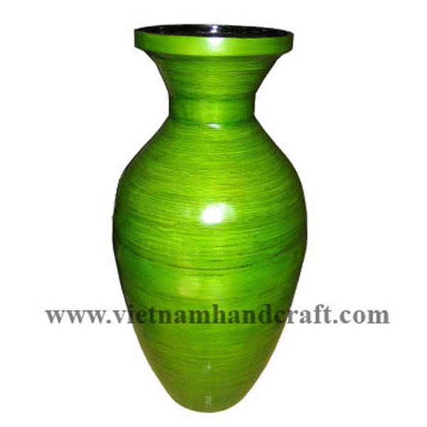 Handmade lacquered bamboo floor vase. Inside in black, outside in green