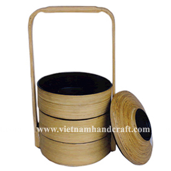 Handmade 3 tier bamboo food carrier. Inside in black, outside in natural