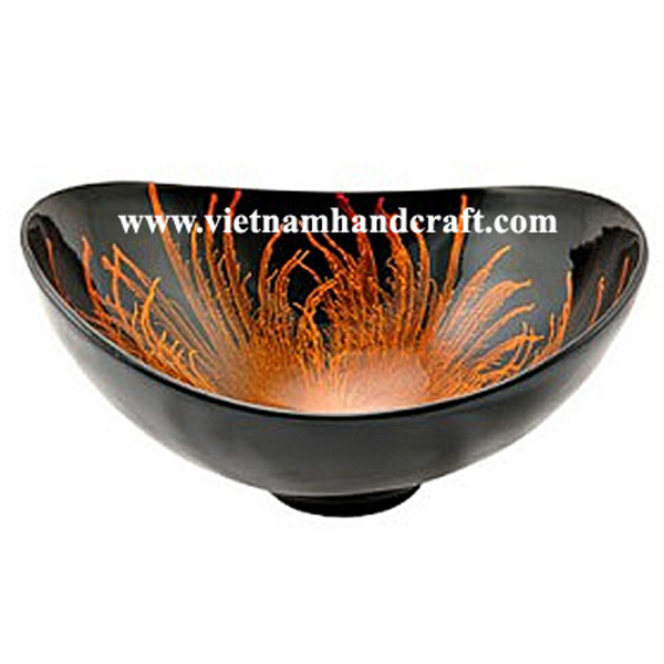 Black lacquered decor bowl with hand-painted orange fireworks inside Black lacquered decor bowl with hand-painted orange fireworks inside