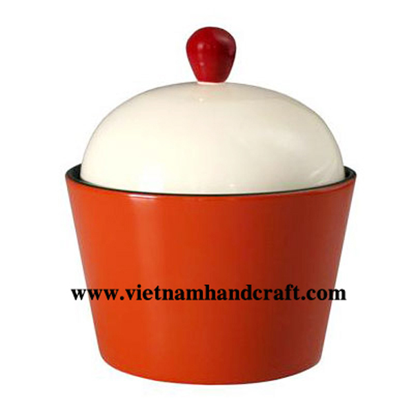 Lacquer storage bowl with lid. Inside in black, outside in white & orange Lacquer storage bowl with lid. Inside in black, outside in white & orange