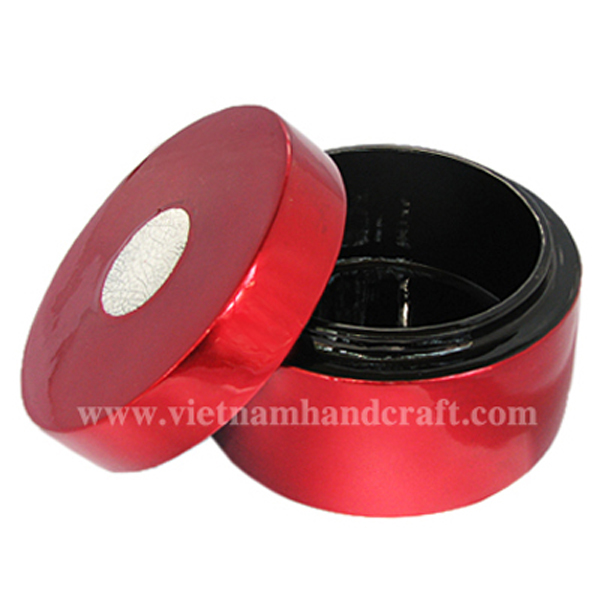 Wooden lacquerware sugar box in black & silver metallic red with eggshell inlay on top Wooden lacquerware sugar box in black & silver metallic red with eggshell inlay on top