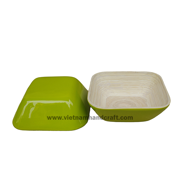 Handmade lacquered bamboo food bowl. Inside in natural, outside in lime green Handmade lacquered bamboo food bowl. Inside in natural, outside in lime green