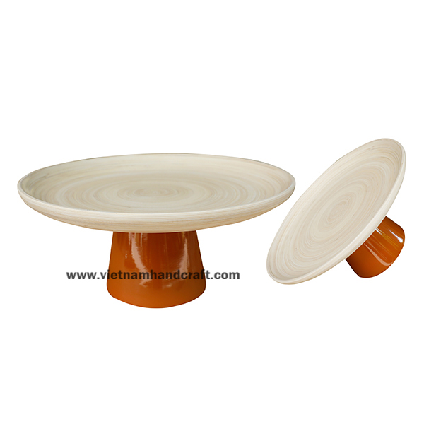 Handmade coiled bamboo sushi platter with high foot hand lacquered in natural & brown Handmade coiled bamboo sushi platter with high foot hand lacquered in natural & brown