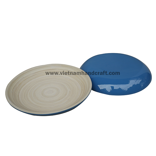 Handmade coiled bamboo serving tray. Inside in natural, outside in blue Handmade coiled bamboo serving tray. Inside in natural, outside in blue