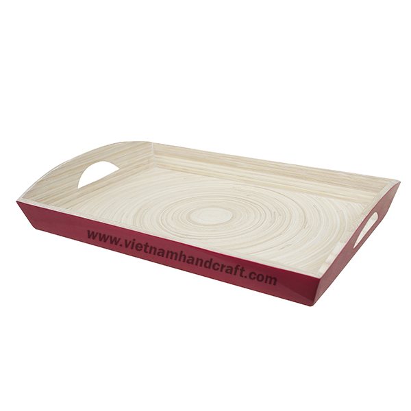 Handmade bamboo bar tray with handles. Inside in natural, outside in red Handmade bamboo bar tray with handles. Inside in natural, outside in red