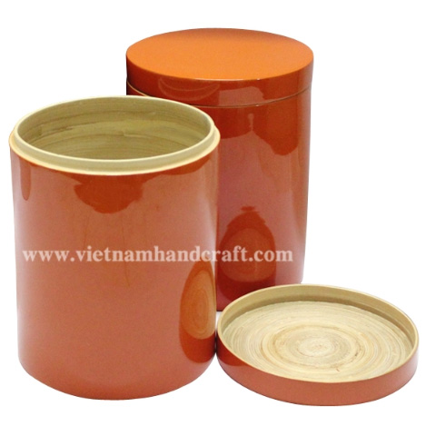 Handmade lacquered bamboo tea canister.  Inside in natural bamboo, outside hand lacquered in orange Handmade lacquered bamboo tea canister.  Inside in natural bamboo, outside hand lacquered in orange