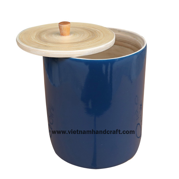 Handcrafted coiled bamboo box with knob. Inside & lid in natural, outside hand painted in blue Handcrafted coiled bamboo box with knob. Inside & lid in natural, outside hand painted in blue