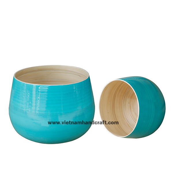 Handmade coiled bamboo pot in natural & blue Handmade coiled bamboo pot in natural & blue