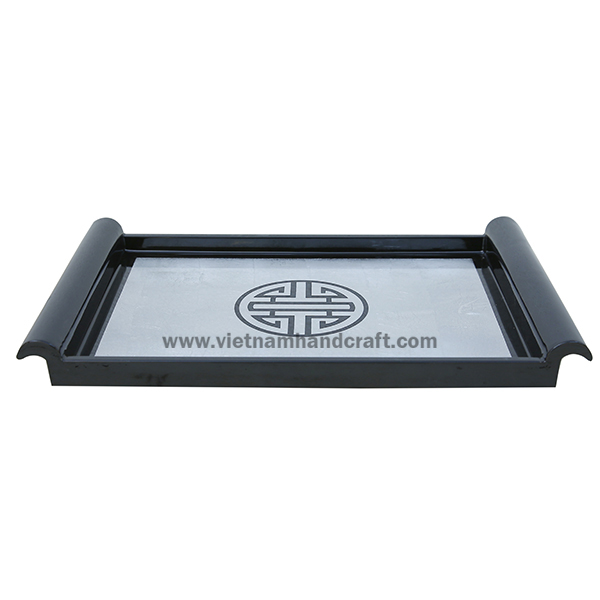Handmade lacquered tray in black & silver leaf with black Chinese symbol in center Handmade lacquered tray in black & silver leaf with black Chinese symbol in center