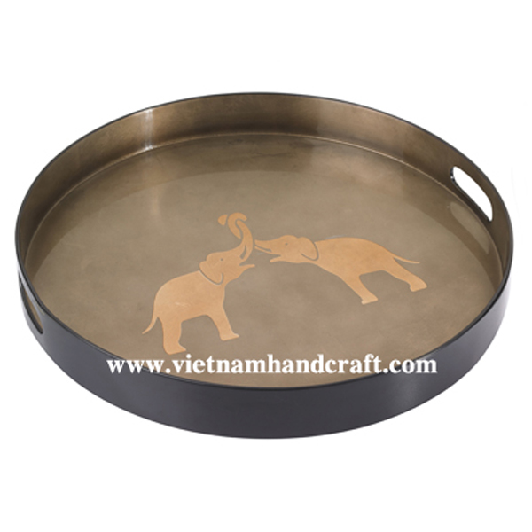 Lacquer decorative tray. Inside in bronze silver and with hand-painted elephants, outside in black Lacquer decorative tray. Inside in bronze silver and with hand-painted elephants, outside in black