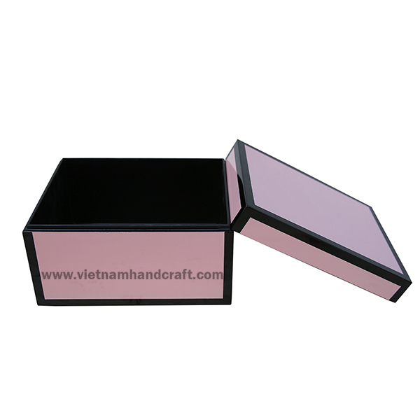 Handmade lacquer storage box. Inside in black, outside in pink with black rims Handmade lacquer storage box. Inside in black, outside in pink with black rims