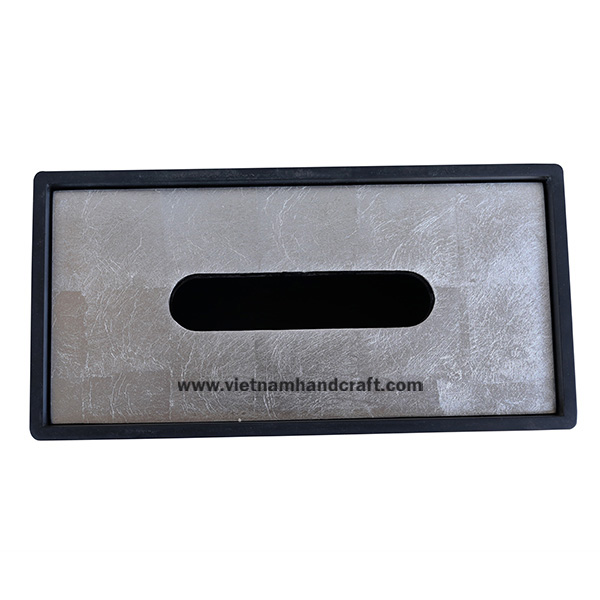 Handmade black lacquered tissue box with white silver leaf lid Handmade black lacquered tissue box with white silver leaf lid