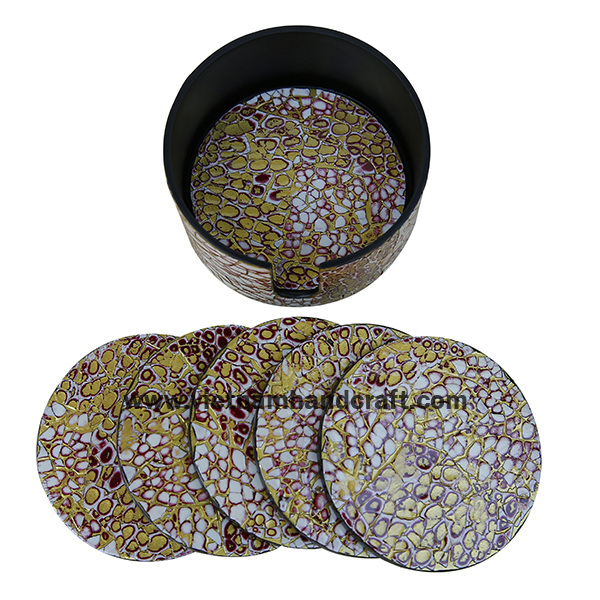 Handmade lacquer wood set of coasters & holder box with eggshell inlay & gold silver leaf on black background Handmade lacquer wood set of coasters & holder box with eggshell inlay & gold silver leaf on black background