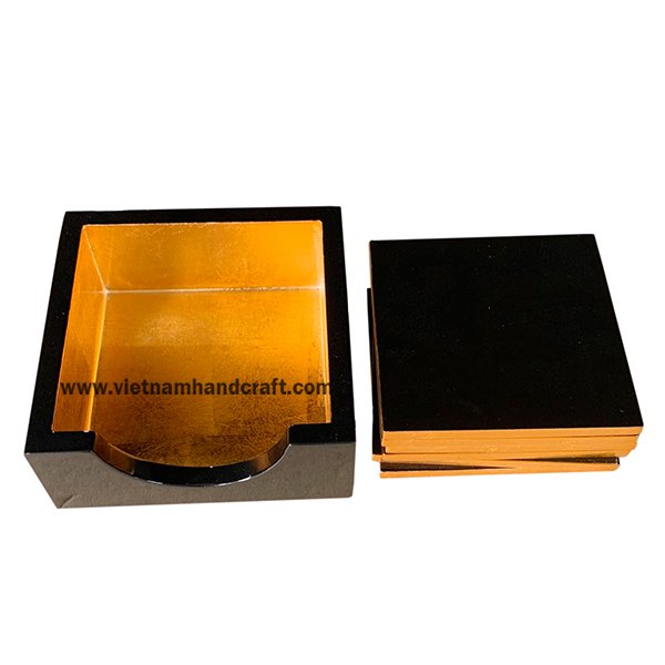 Set of lacquered coasters & holder box in black & gold leaf Set of lacquered coasters & holder box in black & gold leaf