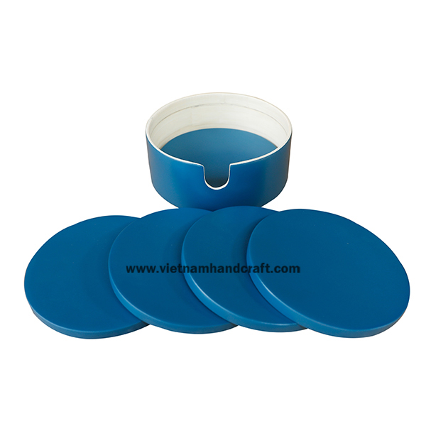 Handcrafted set of coiled bamboo coasters & holder box in blue & natural Handcrafted set of coiled bamboo coasters & holder box in blue & natural