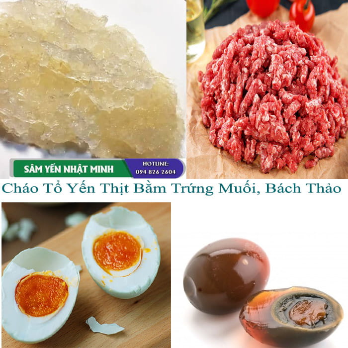 Cháo tổ yến thịt bằm trứng muối, bách thảo