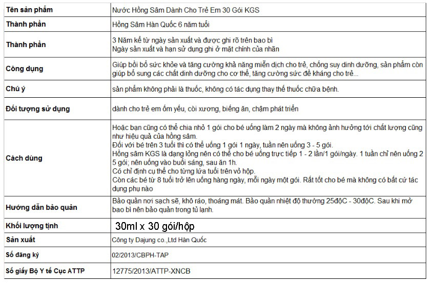 Thành Phần Nước hồng sâm trẻ em KGS