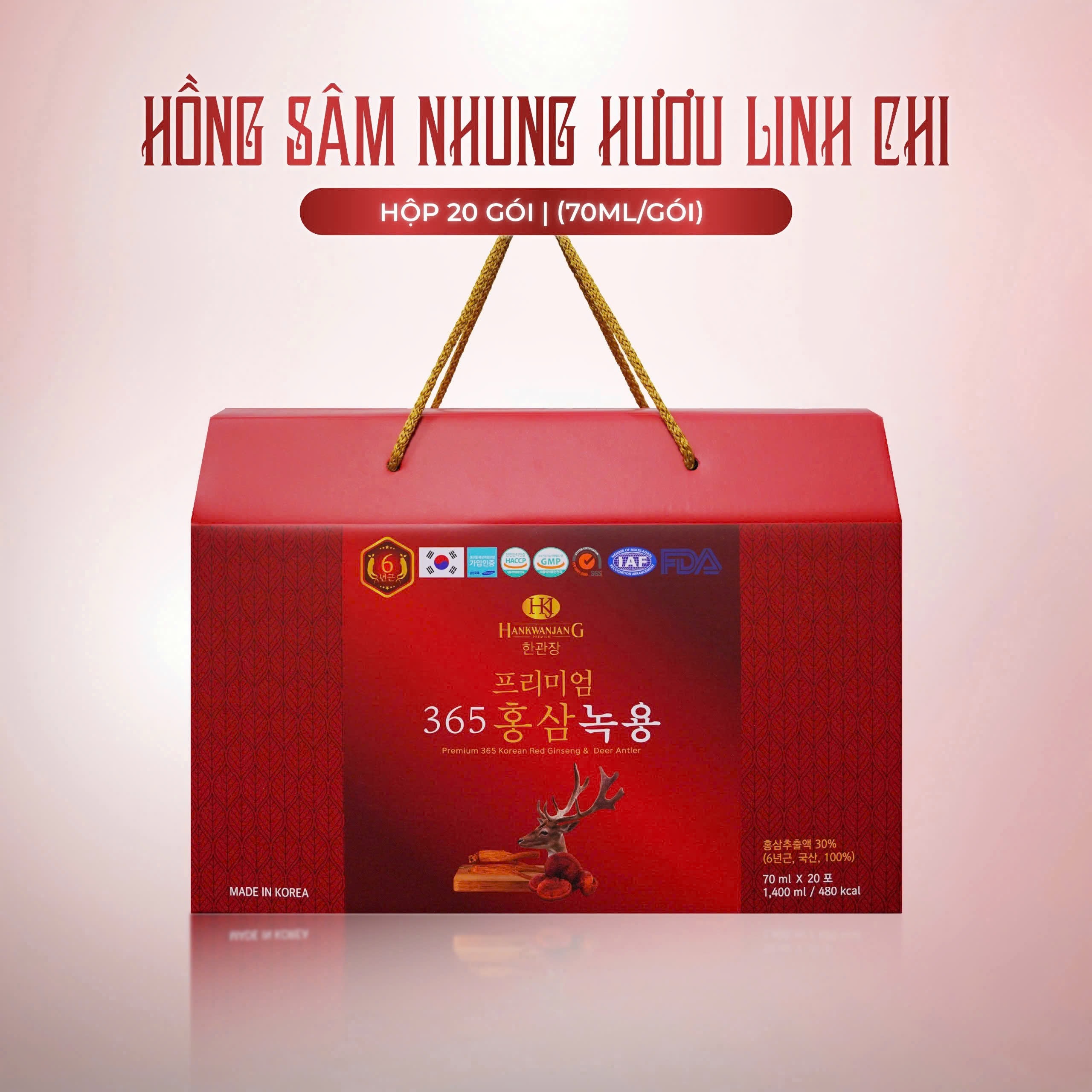 Nước Hồng Sâm Nhung Hươu Linh Chi 365 Korean Red Ginseng & Cordyceps (20 Gói/ Hộp)