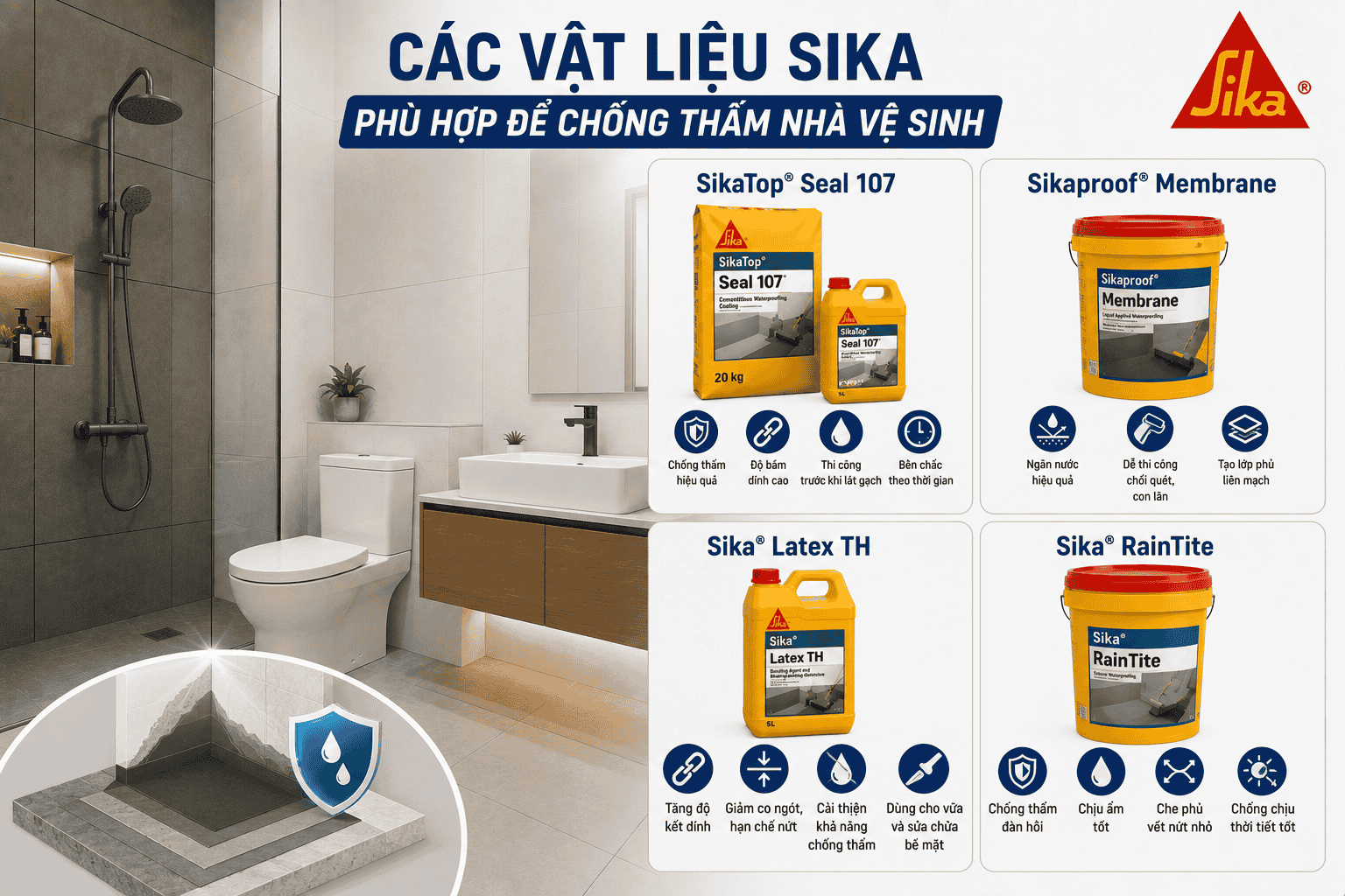 Các vật liệu Sika phù hợp để chống thấm nhà vệ sinh
