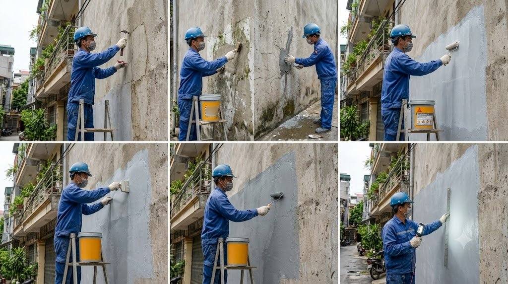 Cách chống thấm tường ngoài trời bằng Sika RainTite