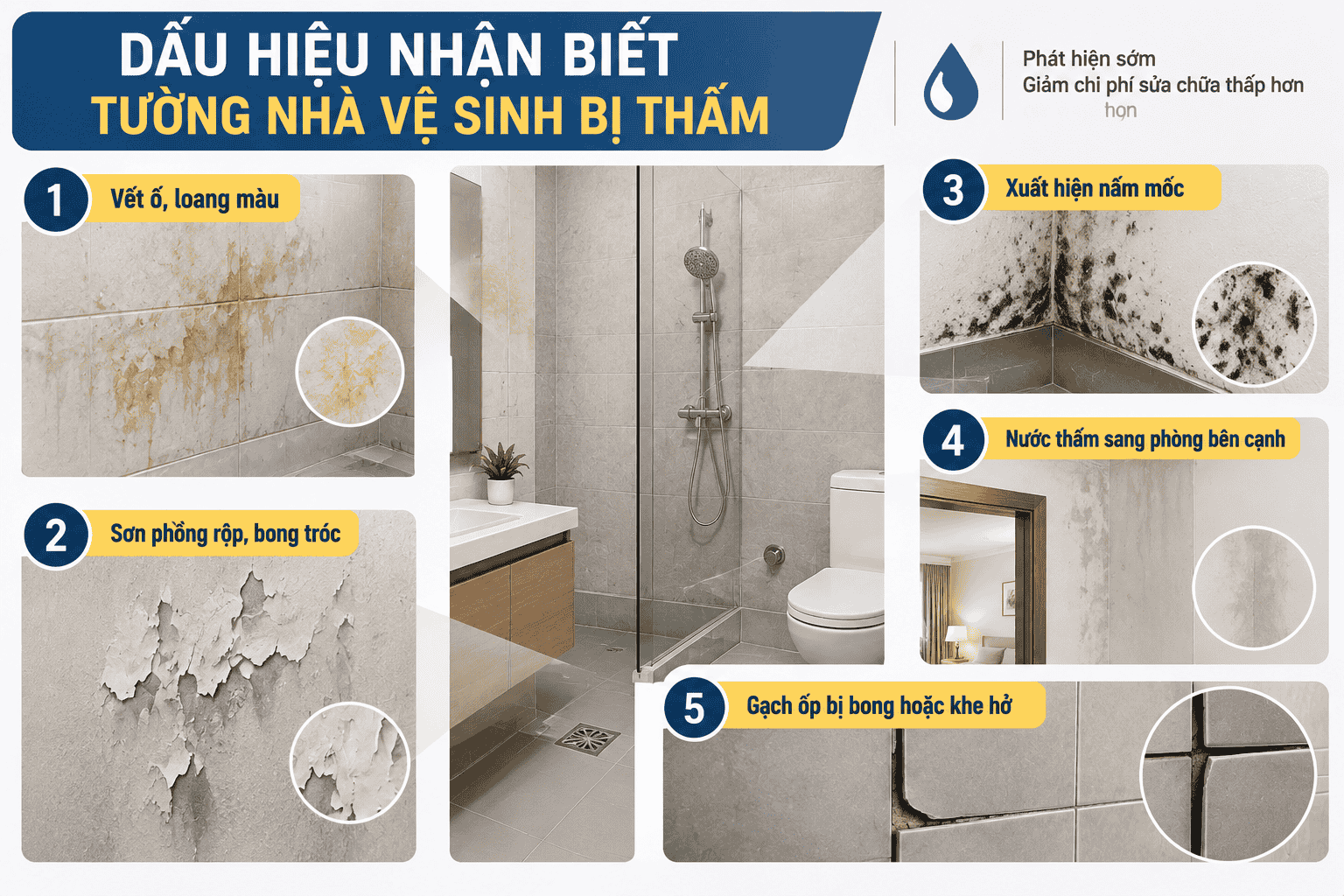 Dấu hiệu nhận biết tường nhà vệ sinh bị thấm
